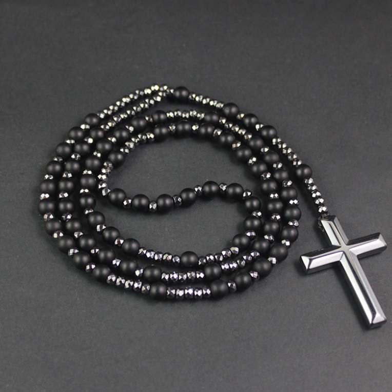 Black Diamond Rosary Long Drop Beaded Cross Pendant Necklace
